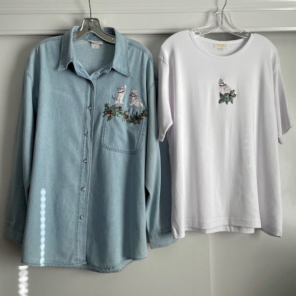 VTG Plus Size Tia Designs Holiday Top/Denim Blouse SET Beaded Embroidered Cat 1X - Picture 1 of 15
